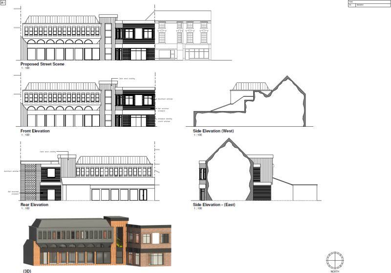 Proposed street scene, elevations and 3D view for Church Street Dental Practice